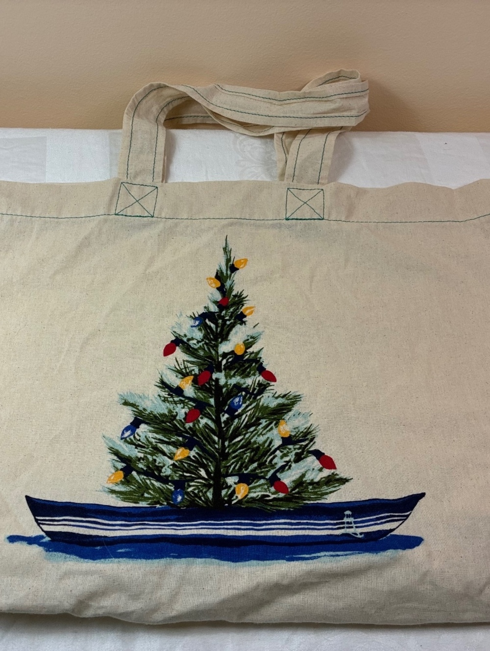 Lands' End cotton Tote Bag with Christmas Tree and Boat Design